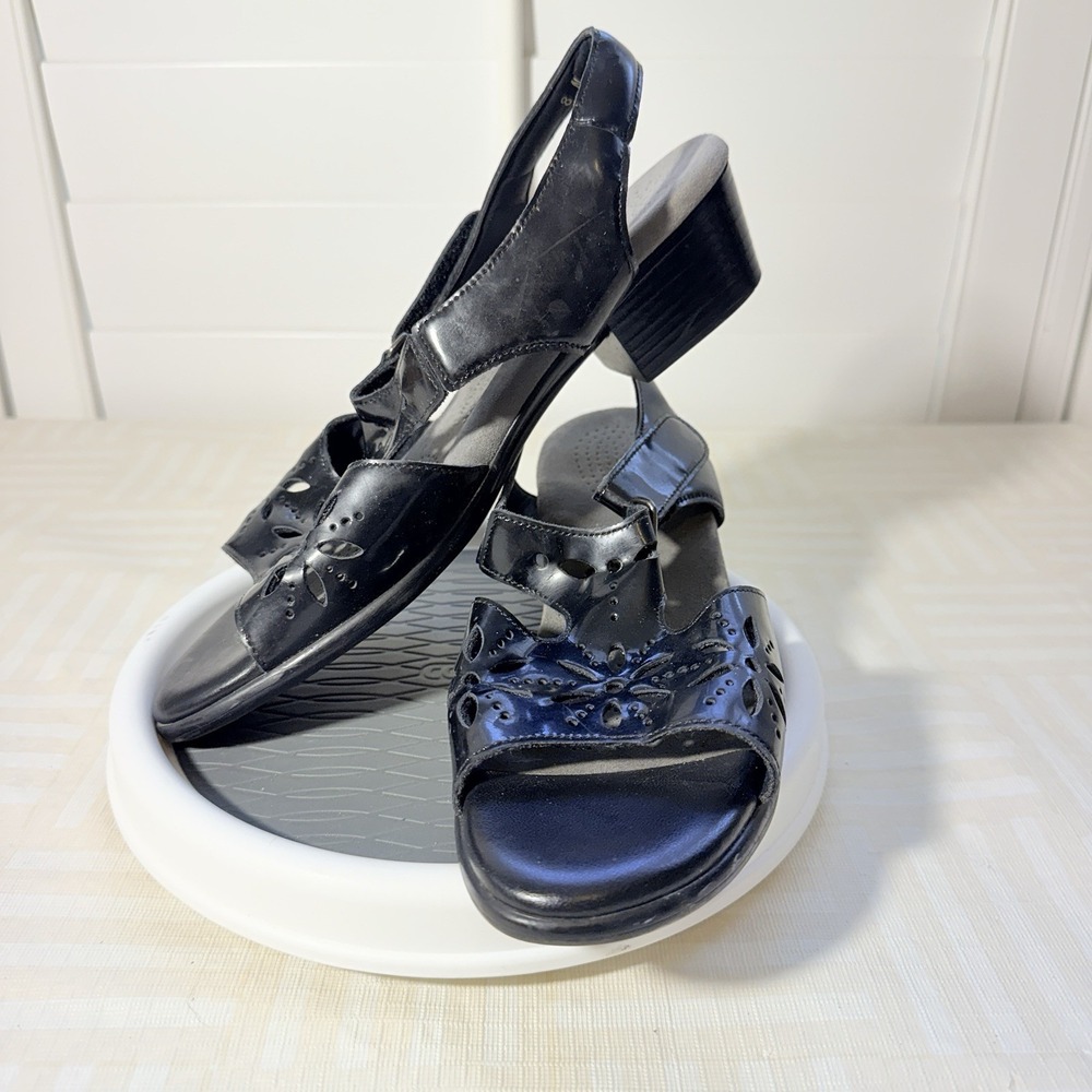 SAS Sunburst Sandals Slingback Black Patent Leather Womens‎ Size 8 N Comfort